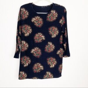 Vintage Poinsettia Floral Black Christmas Long Sleeve Tunic Top